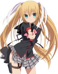 Rule 34 | 1girl, aiming, aiming at viewer, aqua eyes, blazer, blonde hair, checkered clothes, checkered skirt, extraction, gun, hair ornament, handgun, highres, holding, holding gun, holding weapon, jacket, little busters!, long hair, looking at viewer, m1911, pistol, pleated skirt, school uniform, skirt, smile, solo, tokido saya, transparent background, twintails, very long hair, weapon