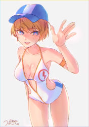 Rule 34 | 1girl, absurdres, animification, apex legends, arm strap, baseball cap, blue eyes, blue hat, breasts, cleavage, collarbone, facial scar, grey background, halterneck, hat, highres, leaning forward, lichtenberg figure, medium breasts, one-piece swimsuit, open hand, parted lips, scar, scar on cheek, scar on face, short hair, smile, solo, swimsuit, tsubakiya (tsubakiya-orz), wattson (apex legends), waving, white one-piece swimsuit