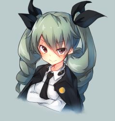 Rule 34 | 10s, 1girl, anchovy (girls und panzer), anzio school uniform, black necktie, black ribbon, cape, closed mouth, cropped torso, crossed arms, dress shirt, drill hair, girls und panzer, green hair, grey background, hair ribbon, long hair, long sleeves, looking at viewer, metindone, necktie, portrait, red eyes, ribbon, school uniform, shirt, simple background, sketch, smile, solo, twin drills, twintails, white shirt