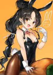 Rule 34 | 1girl, animal ears, black hair, black leotard, black pantyhose, breasts, brown eyes, covered navel, detached collar, duplicate, fake animal ears, fake tail, gloves, high ponytail, highleg, highleg leotard, kantai collection, leotard, long hair, multi-tied hair, nisshin (kancolle), pantyhose, pixel-perfect duplicate, playboy bunny, rabbit ears, rabbit tail, small breasts, solo, strapless, strapless leotard, tail, toka (marchlizard), very long hair, white gloves