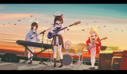 Rule 34 | 4girls, after-school sweets club (blue archive), ahoge, airi (band) (blue archive), airi (blue archive), animal ears, band, bass guitar, bird, black hair, black jacket, blonde hair, blue archive, blue jacket, brown hair, cable, cat ears, clothes around waist, drum, drum set, drumsticks, electric guitar, evening, extra ears, flock, green eyes, guitar, halo, highres, holding, holding drumsticks, instrument, jacket, jacket around waist, kazusa (band) (blue archive), kazusa (blue archive), keyboard (instrument), letterboxed, mask, mask around neck, medium hair, microphone, microphone stand, mouth mask, multicolored hair, multiple girls, music, natsu (band) (blue archive), natsu (blue archive), on rooftop, outdoors, pink hair, pink skirt, playing instrument, pleated skirt, print shirt, red eyes, red jacket, rooftop, setora q, shirt, short hair, short sleeves, sitting, skirt, standing, studded choker, t-shirt, two-tone hair, white shirt, white skirt, wristband, yellow eyes, yellow jacket, yoshimi (band) (blue archive), yoshimi (blue archive)