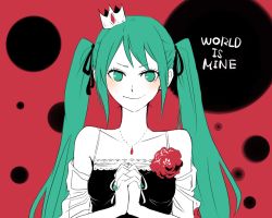 Rule 34 | 1girl, blush, camisole, crown, flower, green eyes, green hair, green nails, hair ribbon, hatsune miku, jewelry, kochoko, long hair, matching hair/eyes, nail polish, necklace, off shoulder, ribbon, smile, solo, twintails, very long hair, vocaloid, world is mine (vocaloid)
