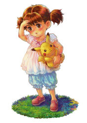 Rule 34 | 1girl, arm up, blush, bracelet, brown eyes, brown hair, child, collarbone, creatures (company), full body, game freak, gen 1 pokemon, grass, holding, jewelry, looking to the side, mitsuru, nintendo, pikachu, pokemon, pokemon (creature), red footwear, shadow, shoes, short sleeves, short twintails, simple background, solo, standing, stuffed animal, stuffed toy, toy, twintails, white background
