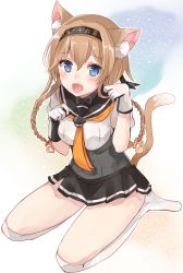 Rule 34 | 10s, 1girl, animal ears, blue eyes, blush, braid, breasts, brown hair, cat ears, cat tail, chiune (yachi), clothes writing, fang, gloves, hair ornament, hairband, kantai collection, kemonomimi mode, long hair, looking at viewer, miniskirt, neckerchief, open mouth, paw pose, propeller hair ornament, school uniform, seiza, serafuku, sitting, skirt, smile, solo, tail, teruzuki (kancolle), thighhighs, twin braids, white thighhighs