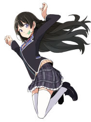 Rule 34 | 1girl, black hair, blazer, braid, cardigan, checkered clothes, checkered skirt, chikuwa (majihima), clenched hand, clover, french braid, hair ornament, hairclip, jacket, loafers, long hair, looking at viewer, mouth hold, nijisanji, pleated skirt, purple eyes, school uniform, shoes, skirt, solo, thighhighs, tsukino mito, tsukino mito (1st costume), virtual youtuber, white background, white thighhighs, zettai ryouiki