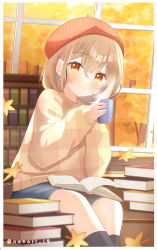 Rule 34 | 1girl, ahoge, alternate costume, autumn, autumn leaves, beret, book, book stack, bookshelf, braid, braided bangs, brown eyes, brown hair, casual, cup, hat, highres, holding, holding cup, hololive, hololive english, iqchan, kneehighs, looking at viewer, mug, multicolored hair, nanashi mumei, official alternate hairstyle, red headwear, short hair, smile, socks, streaked hair, sweater, virtual youtuber, window, yellow sweater