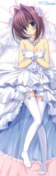 Rule 34 | 1girl, :d, absurdres, asakura otome, blue eyes, blush, breasts, bridal veil, brown hair, covering privates, covering breasts, da capo, dakimakura (medium), dress, from above, gloves, hair intakes, head tilt, highres, huge filesize, jewelry, kayura yuka, looking at viewer, lying, necklace, official art, on back, open mouth, pearl necklace, smile, solo, thigh gap, thighhighs, veil, wedding dress, white gloves, white thighhighs