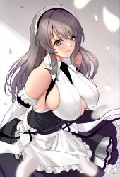 Rule 34 | 1girl, apron, ayakichi, azur lane, bare shoulders, black dress, breasts, charybdis (azur lane), clothing cutout, dress, framed breasts, frilled apron, frills, from side, gloves, green eyes, grey hair, highres, huge breasts, long hair, looking at viewer, looking to the side, maid, maid headdress, simple background, sleeveless, sleeveless dress, solo, underboob cutout, white apron, white gloves
