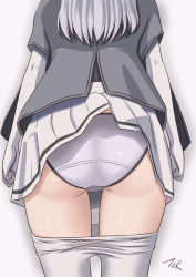 Rule 34 | ass, clothes lift, clothes pull, corset, highres, kantai collection, long hair, panties, pants, pants pull, pantyhose, puffy short sleeves, puffy sleeves, sailor collar, short sleeves, silver hair, skirt, skirt lift, solo, suzutsuki (kancolle), t2r, underwear