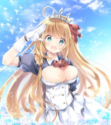 Rule 34 | 1girl, :d, bird, blonde hair, blue sky, braid, breasts, cleavage, cloud, commentary request, dress, flower, gloves, green eyes, hair ribbon, highres, kurun (kurun777), large breasts, long hair, open mouth, pecorine (princess connect!), princess connect!, ribbon, salute, seagull, short sleeves, side braid, sky, smile, solo, teeth, tiara, upper body, upper teeth only, white gloves