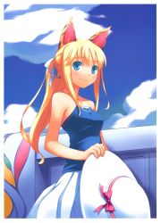 Rule 34 | 1girl, absurdres, animal ears, bare shoulders, blonde hair, blue eyes, blue sky, closed mouth, cloud, day, hair ribbon, hat, hat ribbon, highres, long hair, looking at viewer, nanakusa, original, outdoors, ponytail, ribbon, skirt, sky, smile, solo, strapless, sun hat, tiger ears