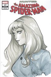 Rule 34 | blonde hair, blue eyes, blue sweater, breasts, comic cover, commentary, commission, copyright name, cover, cover page, english commentary, gwen stacy, hairband, highres, jewelry, long hair, marvel, medium breasts, mirka andolfo, mixed-language commentary, muted color, necklace, scan, second-party source, signature, smile, spider-man, spider-man (series), sweater, turtleneck, turtleneck sweater, western comics (style), white hairband