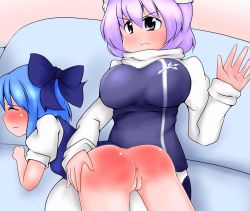 Rule 34 | 2girls, angry, animated, animated gif, anus, ass, blush, bouncing breasts, breasts, cirno, couch, heppokonin, jiggle, large breasts, letty whiterock, multiple girls, punishment, pussy, shiny skin, spanked, spanking, touhou