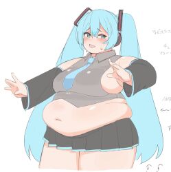 Rule 34 | 1girl, alternate body size, belly, bifizu&#039;s gold, blue eyes, blue hair, blush, breasts, cowboy shot, cropped legs, detached sleeves, fat, grey shirt, hair between eyes, hatsune miku, highres, light blue hair, long hair, looking to the side, medium breasts, miniskirt, navel, necktie, open hands, open mouth, pleated skirt, shirt, simple background, skirt, sleeveless, solo, sweat, thick arms, thick thighs, thighs, twintails, vocaloid, white background, wing collar