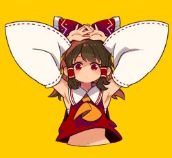 Rule 34 | 1girl, armpits, arms up, ascot, blush, bow, brown hair, cropped torso, detached sleeves, dot mouth, hair bow, hair tubes, hakurei reimu, long hair, looking at viewer, midriff, mota, red bow, red eyes, red skirt, ringed eyes, sarashi, simple background, skirt, solo, touhou, upper body, wide sleeves, yellow ascot, yellow background