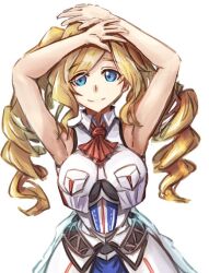 Rule 34 | 1girl, arms up, ascot, blonde hair, blue eyes, breast pocket, breasts, drill hair, honolulu (kancolle), kantai collection, large breasts, long hair, looking at viewer, pocket, red ascot, simple background, sleeveless, sleeveless jacket, smile, solo, tonke, twin drills, twintails, white background