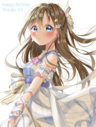 Rule 34 | 1girl, :o, anata no risou no heroine, aqua bow, aqua eyes, arm garter, arm ribbon, artist name, artist request, bare shoulders, blue bow, blue eyes, blush, bow, bracelet, breasts, brown hair, collarbone, cross-laced clothes, cross-laced dress, dated, dress, dress bow, drop earrings, earrings, female focus, floating hair, flower, flower bracelet, frilled dress, frills, hair between eyes, hair bow, hair ornament, hairclip, half updo, halter dress, halterneck, highres, jewelry, long hair, looking at viewer, love live!, love live! nijigasaki high school idol club, love live! school idol festival, miniskirt, necklace, osaka shizuku, parted lips, pearl bracelet, pearl hair ornament, pearl necklace, pink flower, pink rose, plaid, plaid dress, plaid skirt, pleated, pleated dress, pleated skirt, ponytail, purple flower, purple rose, ribbon, rose, short sleeves, sideboob, skirt, small breasts, smile, solo, star (symbol), star hair ornament, striped clothes, striped dress, striped skirt, vertical-striped clothes, vertical-striped dress, vertical-striped skirt, wavy hair, white bow, white dress, white ribbon, white skirt, wrist ribbon