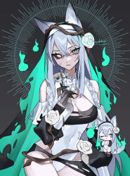 Rule 34 | 1girl, absurdres, animal ears, breasts, cleavage, closed mouth, covered navel, cowboy shot, cross, dog ears, flower, green eyes, grey hair, hair between eyes, heterochromia, highres, holding, holding cross, jewelry, light particles, long hair, medium breasts, multiple views, original, ring, rose, scar, scar on face, serious, sidelocks, simple background, solo, temu (tem27), veil, white eyes, white flower, white rose