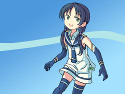 Rule 34 | 1girl, black gloves, black hair, black neckerchief, black sailor collar, black thighhighs, blue background, commentary, cowboy shot, elbow gloves, english commentary, gloves, green eyes, hair ribbon, kantai collection, long hair, low twintails, neckerchief, one-hour drawing challenge, ribbon, sailor collar, school uniform, serafuku, sixten, sleeveless, solo, suzukaze (kancolle), thighhighs, twintails