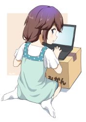 Rule 34 | 1girl, aayh, blouse, blue dress, blush, box, brown background, brown hair, cardboard box, commentary request, computer, dress, from behind, full body, hair over shoulder, laptop, long hair, looking at viewer, looking back, low ponytail, machikado mazoku, no shoes, parted lips, ponytail, profile, purple eyes, shadow, shirt, short sleeves, signature, sleeveless, sleeveless dress, socks, soles, solo, two-tone background, white background, white shirt, white socks, yoshida ryouko