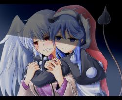 Rule 34 | 2girls, animal ears, beige jacket, black dress, blue background, blue eyes, blue hair, blush, breasts, clenched teeth, commentary request, crying, crying with eyes open, doremy sweet, dress, empty eyes, feathered wings, gradient background, hair between eyes, hands up, happy tears, hat, head tilt, hug, hug from behind, jacket, kishin sagume, large breasts, letterboxed, long sleeves, looking at another, multicolored clothes, multicolored dress, multiple girls, open clothes, open jacket, oshiaki, pom pom (clothes), purple dress, red eyes, red hat, santa hat, shadow, short hair, sidelocks, silver hair, single wing, smile, tail, tapir ears, tapir tail, tears, teeth, touhou, upper body, white dress, white wings, wings, yuri