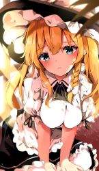 Rule 34 | 1girl, alternate eye color, apron, aqua eyes, bad id, bad pixiv id, between legs, black dress, black hat, black skirt, black vest, blonde hair, blue eyes, blurry, blurry background, blurry foreground, blush, bow, braid, breasts, closed mouth, day, dress, feet out of frame, frown, grey neckwear, grey ribbon, hair between eyes, hair bow, hair ribbon, hand between legs, hands on lap, hat, highres, indoors, kirisame marisa, large breasts, leaning forward, light frown, light rays, long hair, looking at viewer, medium breasts, puffy short sleeves, puffy sleeves, ribbon, shangurira, shirt, short sleeves, side braid, single braid, single thighhigh, sitting, skirt, solo, sunbeam, sunlight, thighhighs, touhou, tress ribbon, very long hair, vest, waist apron, wariza, white apron, white bow, white shirt, window, witch hat