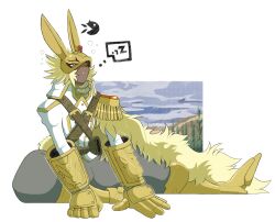 Rule 34 | 1boy, animal ears, armored boots, blonde hair, boots, brown pants, coat, dark-skinned male, dark skin, diarbbitmon, digimon, digimon (creature), eye mask, fur coat, gauntlets, gold footwear, highres, jacket, looking up, pants, rabbit ears, single shoulder pad, softkeychain, softkeychains, solo, spiked hair, squeans, twitter username, white background, white jacket