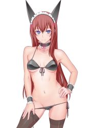 Rule 34 | 1girl, animal ears, bare shoulders, bikini, black thighhighs, blue eyes, blush, breasts, brown hair, cat ears, choker, fake animal ears, fingernails, front-tie top, hand on own hip, highres, long hair, looking at viewer, makise kurisu, md5 mismatch, navel, shoumaru (gadget box), simple background, smile, solo, standing, steins;gate, swimsuit, thighhighs, very long hair, white background, wrist cuffs