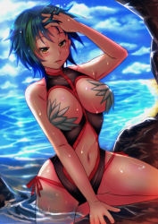 Rule 34 | 10s, 1girl, arkfield, beach, blue hair, breast cutout, breasts, cloud, cloudy sky, day, female focus, green hair, high school dxd, highres, large breasts, multicolored hair, navel, ocean, outdoors, short hair, sky, solo, streaked hair, swimsuit, two-tone hair, water, wet, xenovia quarta, yellow eyes