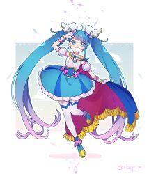 Rule 34 | absurdres, blue eyes, blue hair, blue skirt, bow, brooch, cape, commentary, cure sky, cut bangs, detached sleeves, earrings, fingerless gloves, full body, gloves, grin, highres, hirogaru sky! precure, jewelry, long hair, magical girl, pink bow, precure, puffy detached sleeves, puffy sleeves, single earring, single sidelock, skirt, smile, sora harewataru, thighhighs, tokage (pr), twintails, two-sided cape, two-sided fabric, very long hair, white gloves, wing brooch, wing hair ornament, zettai ryouiki