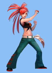 Rule 34 | 1girl, absurdres, arm up, bare arms, bare shoulders, belt, blue background, cirenk, commission, creatures (company), crop top, cropped shirt, denim, flannery (pokemon), game freak, gym leader, hand up, highres, holding, holding poke ball, impossible hair, jeans, lips, long hair, looking at viewer, midriff, navel, nintendo, open mouth, pants, parted bangs, poke ball, poke ball (basic), pokemon, pokemon oras, red eyes, red hair, shirt, shoes, simple background, sleeveless, sleeveless shirt, smile, solo, stomach, tied shirt, v-shaped eyebrows