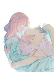 1girl digimon digimon_(creature) hug looking_at_another smile symbareangoramon tsukiyono_ruli