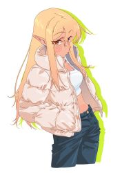 Rule 34 | 1girl, alternate costume, blonde hair, blue pants, blush, breasts, brown coat, casual, coat, commentary, cowboy shot, dark-skinned female, dark skin, denim, drop shadow, from side, hair between eyes, hands in pockets, highres, hololive, jacket, jeans, komipe512, long hair, looking at viewer, medium breasts, midriff, open clothes, open jacket, orange eyes, pants, pointy ears, puckered lips, shiranui flare, sidelocks, simple background, solo, straight hair, tank top, virtual youtuber, white background, white tank top, winter clothes, winter coat
