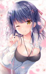 Rule 34 | 1girl, blue hair, blurry, blurry background, blush, breasts, brown eyes, cleavage, closed mouth, collared shirt, commentary request, depth of field, dress shirt, hair ornament, hair ribbon, hairclip, hand up, highres, leaning forward, long hair, long sleeves, looking at viewer, medium breasts, nanami yuuno, one eye closed, original, petals, pink ribbon, ribbon, ruffling hair, shirt, sidelocks, sleeves past wrists, solo, sousouman, tongue, tongue out, white shirt, x hair ornament