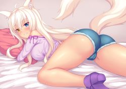 Rule 34 | 10s, 1girl, animal ear fluff, animal ears, ass, bare shoulders, blue eyes, blush, breasts, cat ears, cat tail, coconut (nekopara), commentary, denim, denim shorts, english commentary, heterochromia, high heels, large breasts, long hair, looking at viewer, lying, micro shorts, nekopara, nottytiffy, hugging object, on bed, on stomach, pillow, pillow hug, platinum blonde hair, short shorts, shorts, slit pupils, smile, solo, tail, teeth, yellow eyes