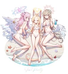 Rule 34 | 3girls, alternate costume, angel wings, animal ears, anklet, arm support, ass, barefoot, beach, bikini, blonde hair, blue archive, blush, bow, braid, breasts, cleavage, closed mouth, commentary, coral, crossed bangs, crown braid, cup, drinking straw, english text, feathered wings, feet, flower, forehead, fox ears, fox girl, front-tie bikini top, front-tie top, glass, gradient eyes, hair between eyes, hair bun, hair flower, hair ornament, hair scrunchie, halo, holding, holding cup, jewelry, large breasts, legs, long hair, looking at viewer, mika (blue archive), multicolored eyes, multiple girls, nagisa (blue archive), navel, ocean, open mouth, orange eyes, outdoors, parted bangs, picter, pink hair, sand, sarashi, scrunchie, seia (blue archive), side-tie bikini bottom, sideboob, single side bun, sitting, small breasts, smile, soles, starfish, stomach, swimsuit, symbol-only commentary, tail, tail bow, tail ornament, tea party (blue archive), thighs, toes, tropical drink, very long hair, water, white bikini, white bow, white wings, wing ornament, wings, yellow eyes