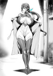 Rule 34 | 1girl, action taimanin, alley, black hair, blue eyes, blush, bodysuit, boots, breasts, cleavage, cleavage cutout, clothing cutout, coat, curvy, exhibitionism, fei (maidoll), flashing, full body, greyscale, hair between eyes, high heel boots, high heels, highleg, highleg leotard, highres, huge breasts, large breasts, leotard, long hair, looking to the side, low ponytail, monochrome, open clothes, open coat, opened by self, outdoors, ponytail, public indecency, sidelocks, sweat, taimanin (series), taimanin rpgx, thighhighs, thighs, thong leotard, uehara rin, walking, wide hips