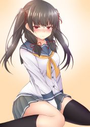 Rule 34 | 10s, 1girl, alternate hairstyle, angry, asymmetrical legwear, between legs, black hair, blue skirt, blush, breasts, closed mouth, collarbone, doyachii, gloves, gradient background, hand between legs, highres, isokaze (kancolle), kantai collection, long hair, long sleeves, looking at viewer, orange background, pleated skirt, red eyes, school uniform, serafuku, single sock, single thighhigh, sitting, skirt, socks, solo, thighhighs, twintails, twintails day, uneven legwear, wariza, white gloves