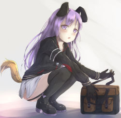 Rule 34 | 1girl, animal ears, bag, black footwear, black gloves, black jacket, black thighhighs, blush, bow, chain, closers, commentary, commission, dog ears, dog girl, dog tail, english commentary, full body, gloves, highres, hikari niji, holding, jacket, long hair, long sleeves, looking at viewer, mary janes, parted lips, purple bow, purple eyes, purple hair, shirt, shoes, skirt, solo, squatting, tail, tail raised, teeth, thighhighs, tina (closers), upper teeth only, very long hair, white shirt, white skirt