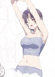 Rule 34 | 1girl, armpits, asakura toru, breasts, camisole, cleavage, closed eyes, collarbone, commentary request, gradient hair, grey camisole, idolmaster, idolmaster shiny colors, medium breasts, midriff, misaki nonaka, multicolored hair, navel, open mouth, partially colored, purple hair, short hair, solo, stretching, teeth, unfinished, upper teeth only