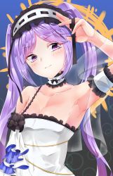Rule 34 | 1girl, arm up, armpits, bare shoulders, black bow, blue background, blush, bow, breasts, choker, cleavage, closed mouth, collarbone, commentary request, dress, euryale (fate), fate/hollow ataraxia, fate (series), fingernails, frilled choker, frilled hairband, frills, hairband, head tilt, highres, long hair, looking at viewer, purple eyes, purple hair, ribbon-trimmed choker, ribbon-trimmed hairband, ribbon trim, see-through, simple background, siroimo0828, small breasts, solo, strapless, strapless dress, twintails, upper body, very long hair, white choker, white dress, white hairband