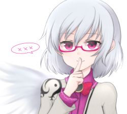 Rule 34 | 1girl, bespectacled, finger to mouth, glasses, kishin sagume, looking at viewer, purple eyes, red-framed eyewear, shiohachi, short hair, simple background, single wing, smile, solo, touhou, upper body, white background, white hair, wings