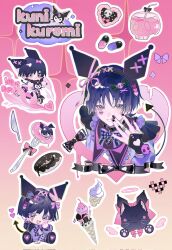 Rule 34 | 1boy, black bow, black nails, blue hair, bow, brown eyes, character name, chibi, cosplay, demon tail, flower, genshin impact, hair bow, hair ornament, heart, highres, jewelry, kuromi, kuromi (cosplay), long sleeves, male focus, onegai my melody, pill, pink background, purple bow, purple flower, purple shirt, ring, sanrio, scaramouche (cat) (genshin impact), scaramouche (genshin impact), shirt, skull, skull hair ornament, smile, solo, tail, teeth, xiannu168