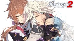 Rule 34 | 1boy, 1girl, brown hair, copyright name, closed eyes, fingerless gloves, gloves, hug, hug from behind, jin (xenoblade), lora (xenoblade), low ponytail, nintendo, smile, white background, white hair, xenoblade chronicles (series), xenoblade chronicles 2, xenoblade chronicles 2: torna - the golden country, yappen