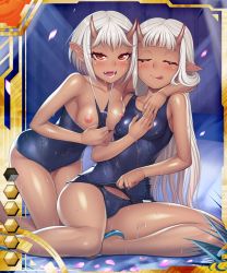 Rule 34 | 2girls, bare legs, bare shoulders, bed, blush, breast press, breasts, brown eyes, card (medium), card (orange-ur), card (ur), closed eyes, curvy, dark-skinned female, dark skin, demon girl, fangs, female focus, grabbing, happy, horns, hug, lilith-soft, long hair, looking at viewer, looking back, multiple girls, naughty face, nipples, on bed, one-piece swimsuit, oni horns, open mouth, partially visible vulva, pillow, pointy ears, puffy nipples, seductive smile, shiny skin, short hair, siblings, sisters, sitting, small breasts, smile, sophie (taimanin asagi), sweat, swimsuit, taimanin (series), taimanin asagi, taimanin asagi battle arena all card gallery, taimanin asagi kessen arena, take your pick, tongue, tongue out, twins, very long hair, white hair, yuphie (taimanin asagi), zol
