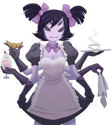 Rule 34 | 1girl, absurdres, apron, arthropod girl, bow, colored skin, extra arms, extra eyes, fangs, food, highres, ice cream, insect girl, maid, maid headdress, muffet, purple skin, ribbon, skirt, solo, spider girl, tea, teapot, twintails, undertale