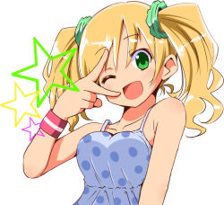 Rule 34 | 1girl, ;d, blonde hair, camisole, green eyes, long hair, mikuru beam, one eye closed, open mouth, original, polka dot, scrunchie, smile, solo, take (office-t), twintails, v, wink, wristband