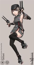Rule 34 | 1girl, animification, blue eyes, brown hair, clothing cutout, defiant (star wars), full body, gun, hat, highres, no panties, personification, side cutout, star wars, thighhighs, uniform, weapon