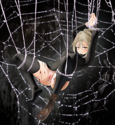 Rule 34 | 1girl, after rape, aftersex, arms up, bad id, bad pixiv id, black thighhighs, blonde hair, boots, crying, full body, hanging, highres, injury, kurodani yamame, long sleeves, naked sweater, pussy, rape, restrained, ribbed sweater, scratches, silk, solo, spider web, spread legs, sweater, thighhighs, thighs, touhou, tsushima (kaikyo), uncensored, yellow eyes