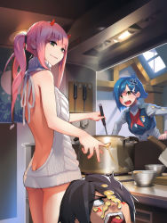 Rule 34 | 10s, 1boy, 2girls, anger vein, angry, ass, backless dress, backless outfit, bare back, black hair, blue eyes, blue hair, blush, bo xun lin, butt crack, closed mouth, cooking, darling in the franxx, drawstring, dress, emblem, food, food on face, green eyes, grey sweater, hair ornament, hair over one eye, hairclip, highres, hiro (darling in the franxx), honey, horns, ichigo (darling in the franxx), indoors, kitchen, ladle, long hair, looking at another, meme attire, multiple girls, naked sweater, open mouth, pink hair, ponytail, pot, short hair, smile, sweater, sweater dress, uniform, virgin killer sweater, zero two (darling in the franxx)